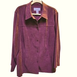 Maggie McNaughton Shirt Jacket Midweight Faux Suede Long Length Rich Plum Color
